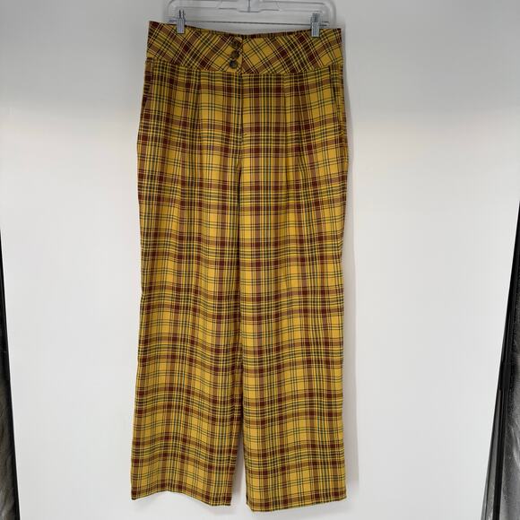 Anthropologie Plaid Wide-Leg Trouser Pants Womens Sz Large Marygold Gold Tartan - Picture 2 of 11